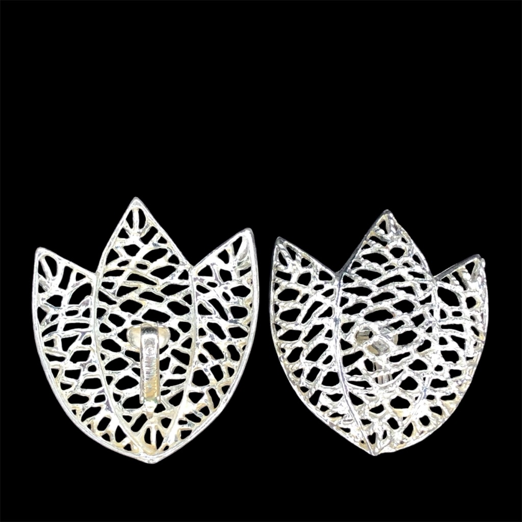 Vintage 1960's Emmons 1 3/4” Ornate Silver Filigee Tulip Floral Clasp Earrings